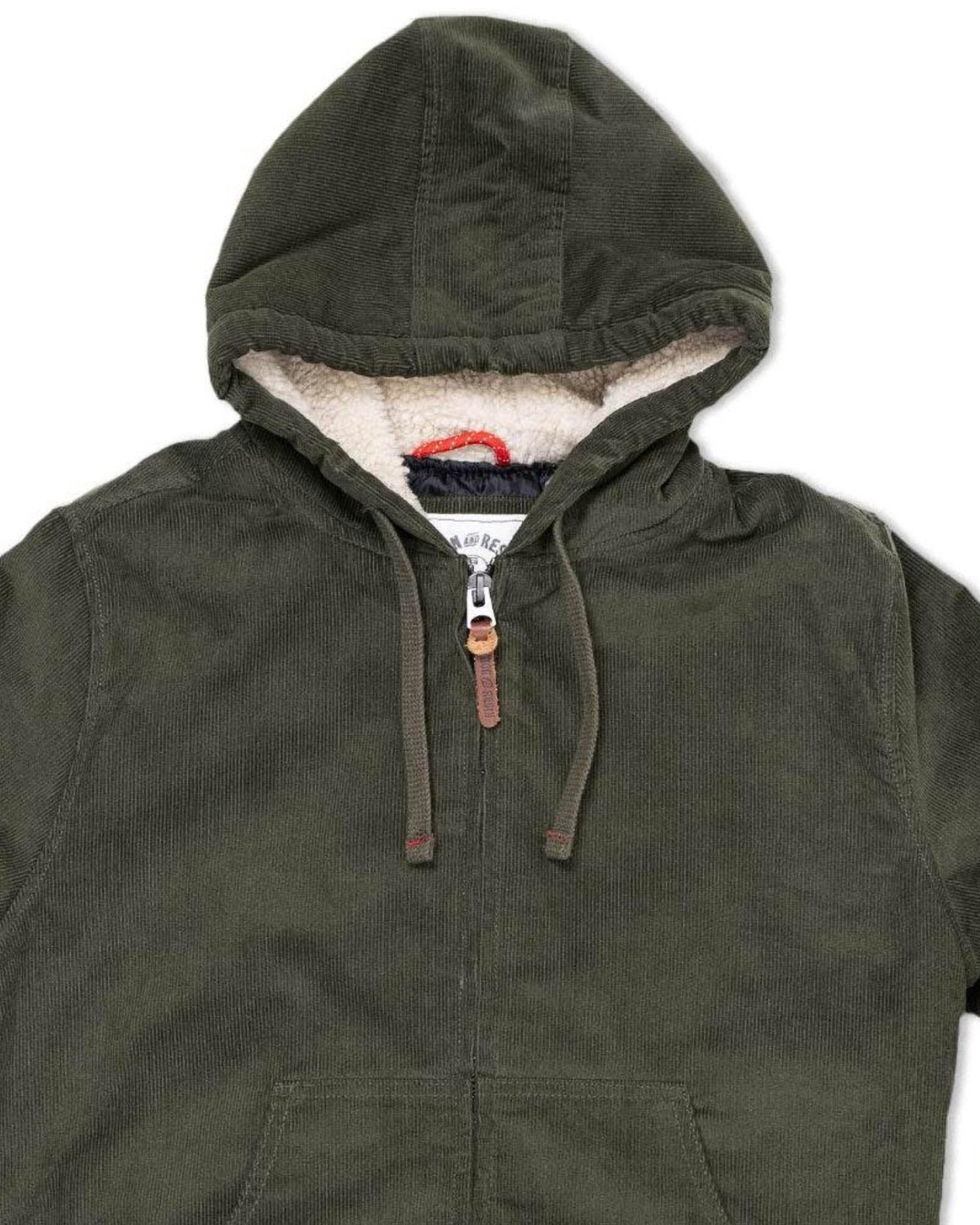 Iron & Resin Men's Corduroy Bunker Hoodie in green - men's shirt - detail view