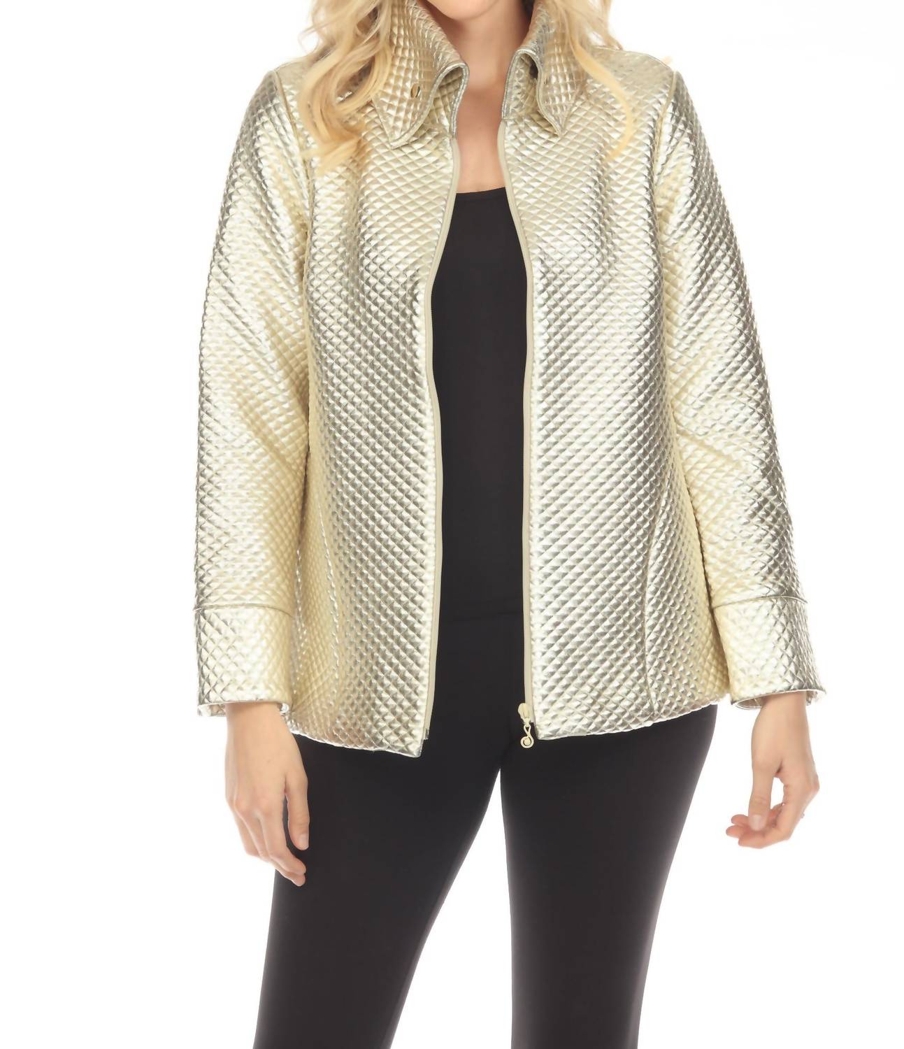 Samuel Dong - Metallic Textured Zip-up A-line Coat Jacket