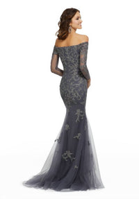 MGNY Metallic Lace Trumpet Dress in charcoal - women's dress - alternate view