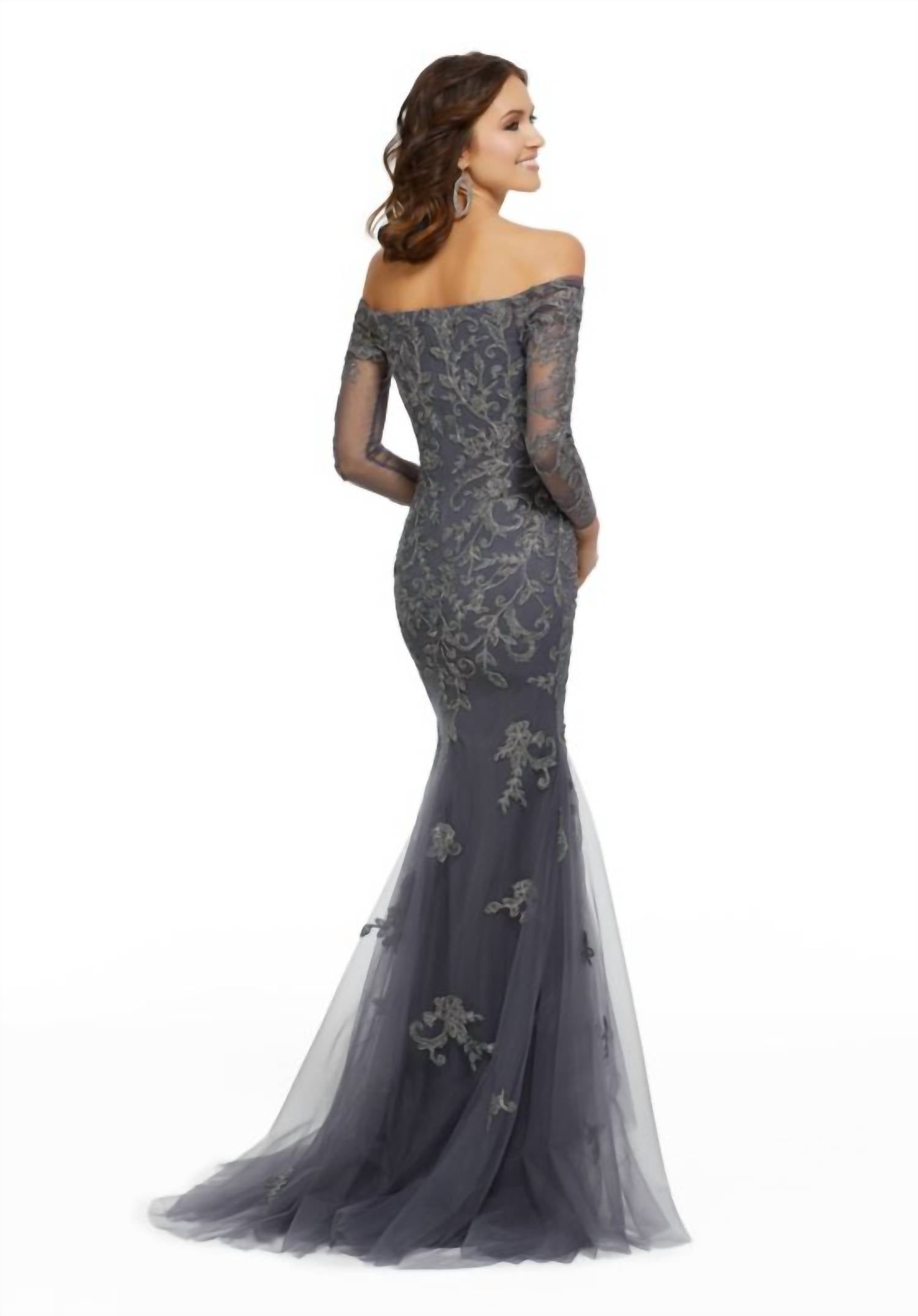 MGNY Metallic Lace Trumpet Dress in charcoal - women's dress - alternate view