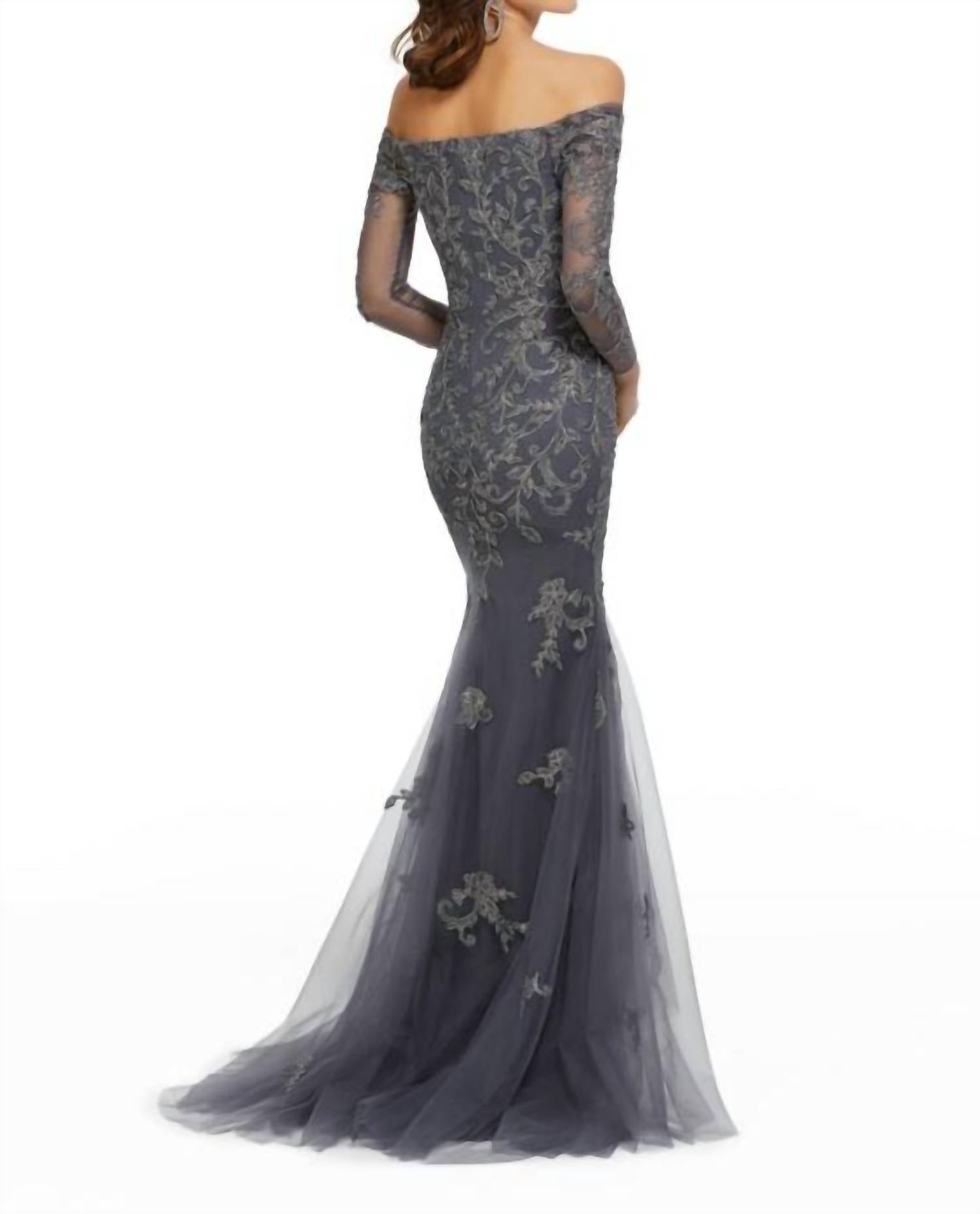 MGNY Metallic Lace Trumpet Dress in charcoal - women's dress - detail view