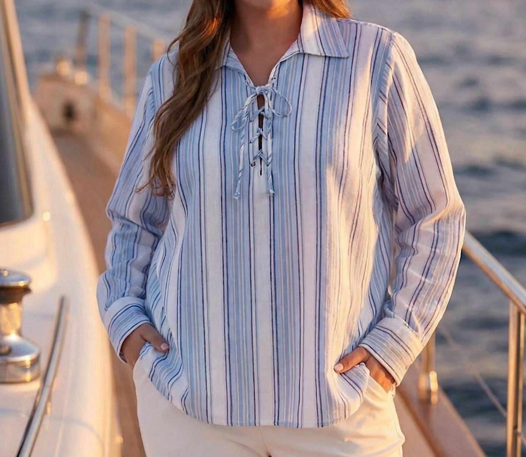 Karen Kane Eyelet Lace Up Top - Plus in stripe - women's long sleeve top - view 5