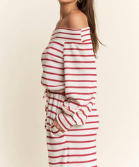 Jade By Jane - Off-shoulder Terry Striped Relaxed Fit Jumpsuit