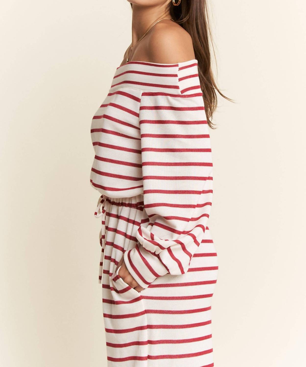 Jade By Jane - Off-shoulder Terry Striped Relaxed Fit Jumpsuit