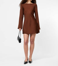 FRENCH CONNECTION Ennis Satin Long Sleeve Mini Dress in brown - women's dress
