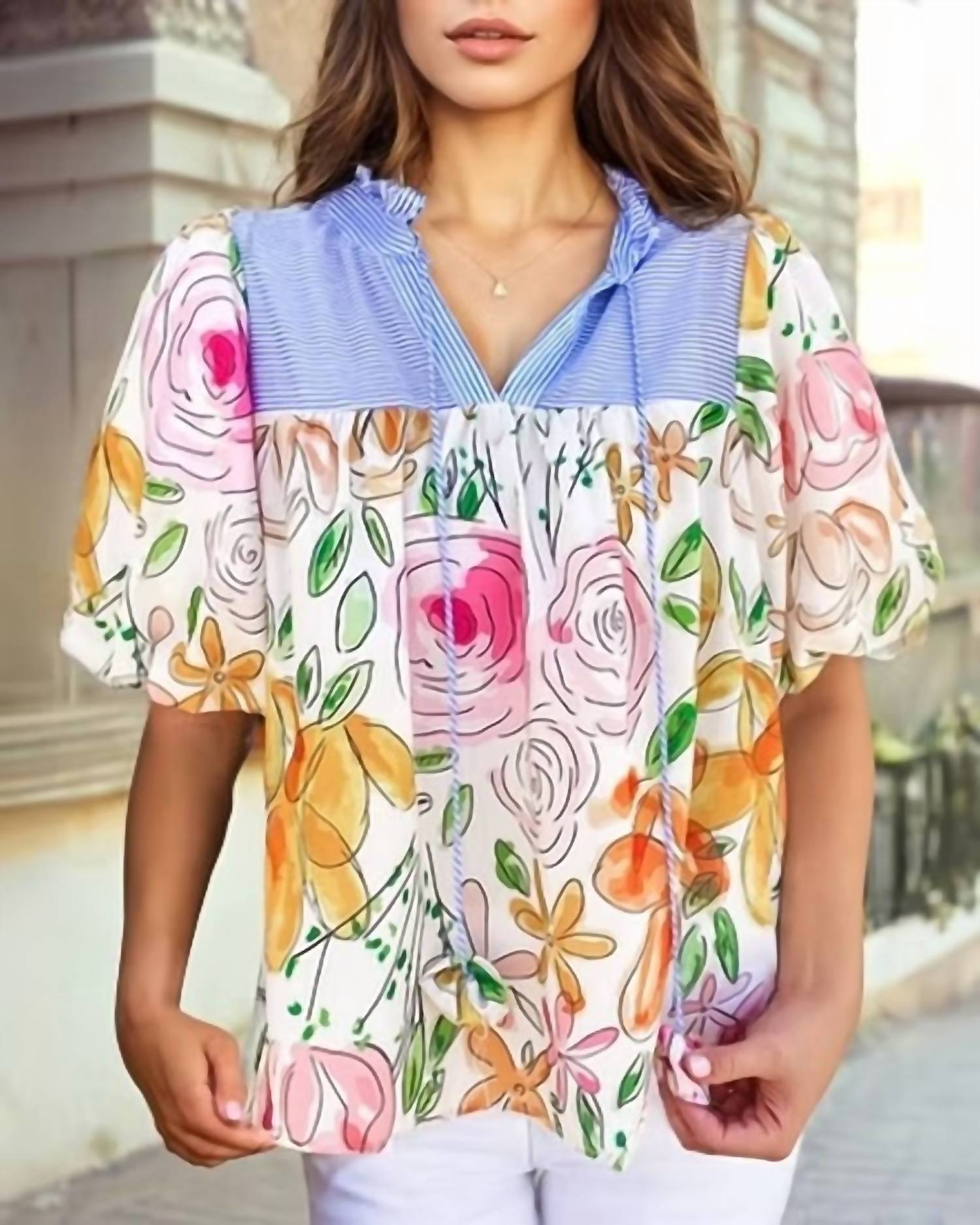 1 The Woman - Floral Striped Yoke Frilled V-neck Puff Short Sleeved Blouse