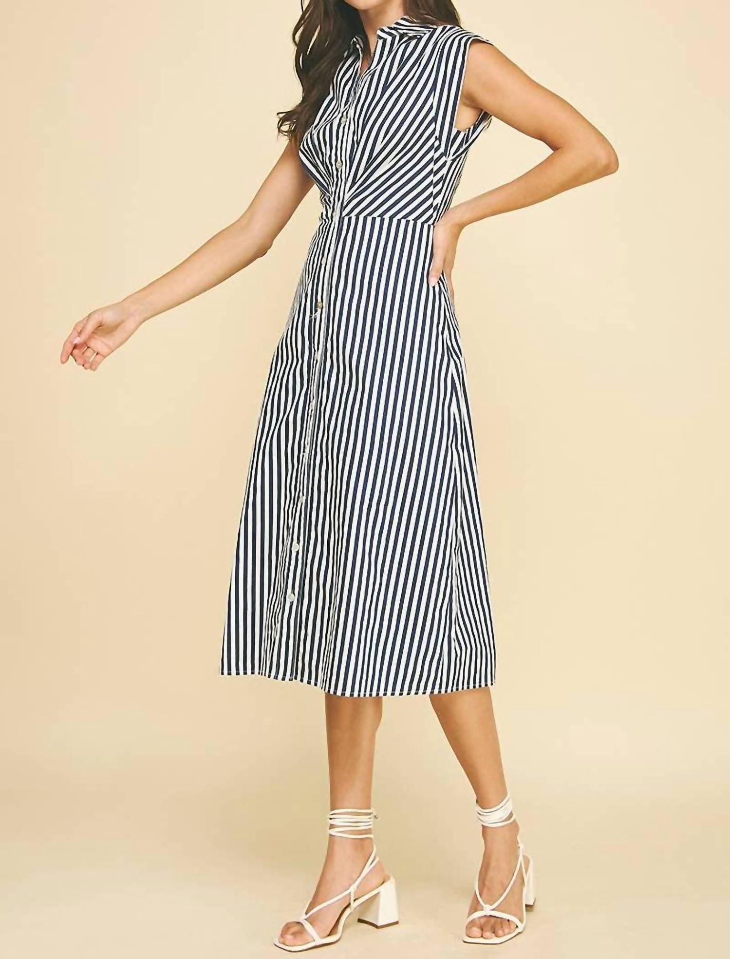 PINCH Women's Striped Button Down Midi Dress in navy white - women's dress - view 4