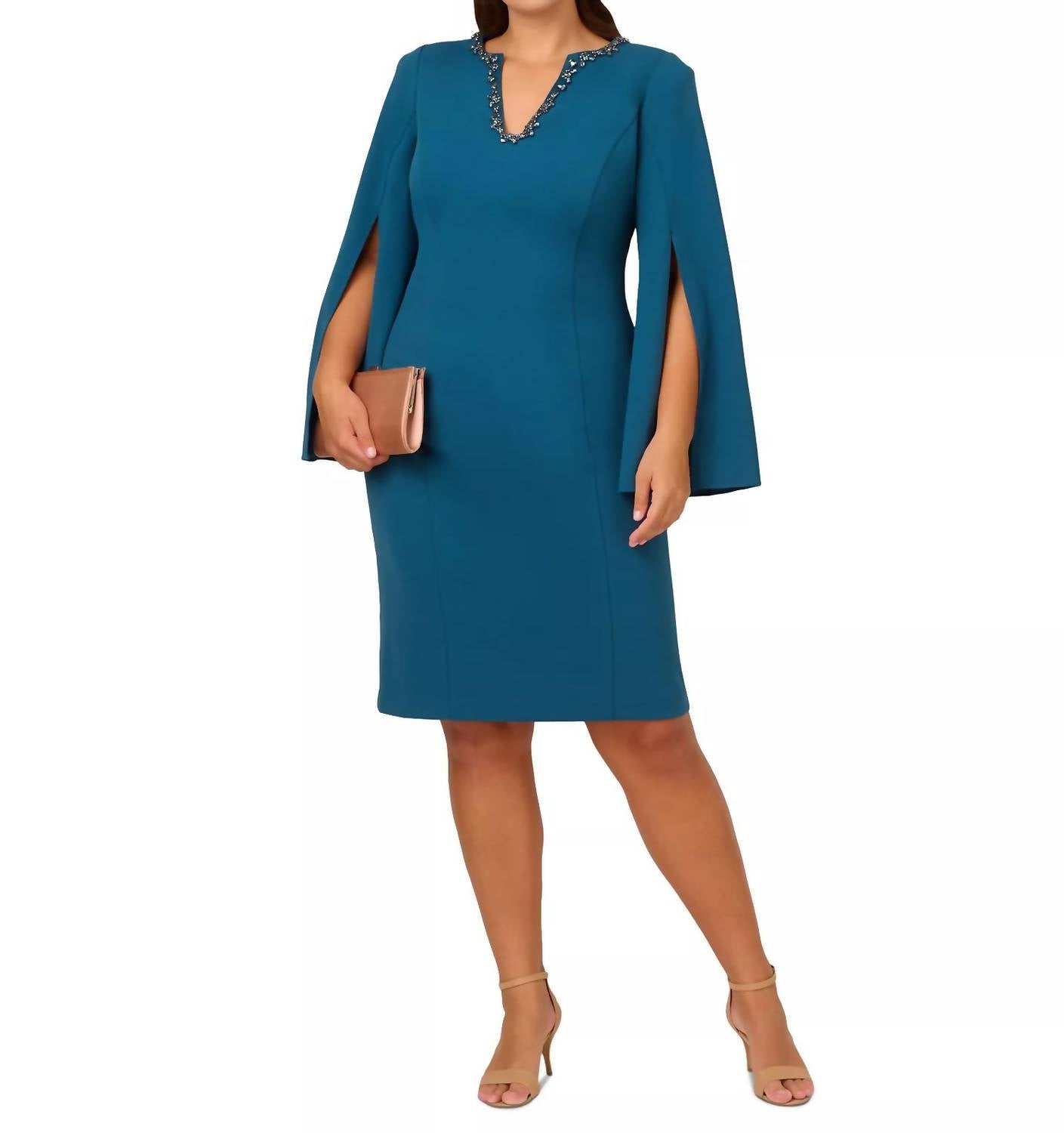 Adrianna Papell - Women's Plus Size Beaded Split-sleeve Dress