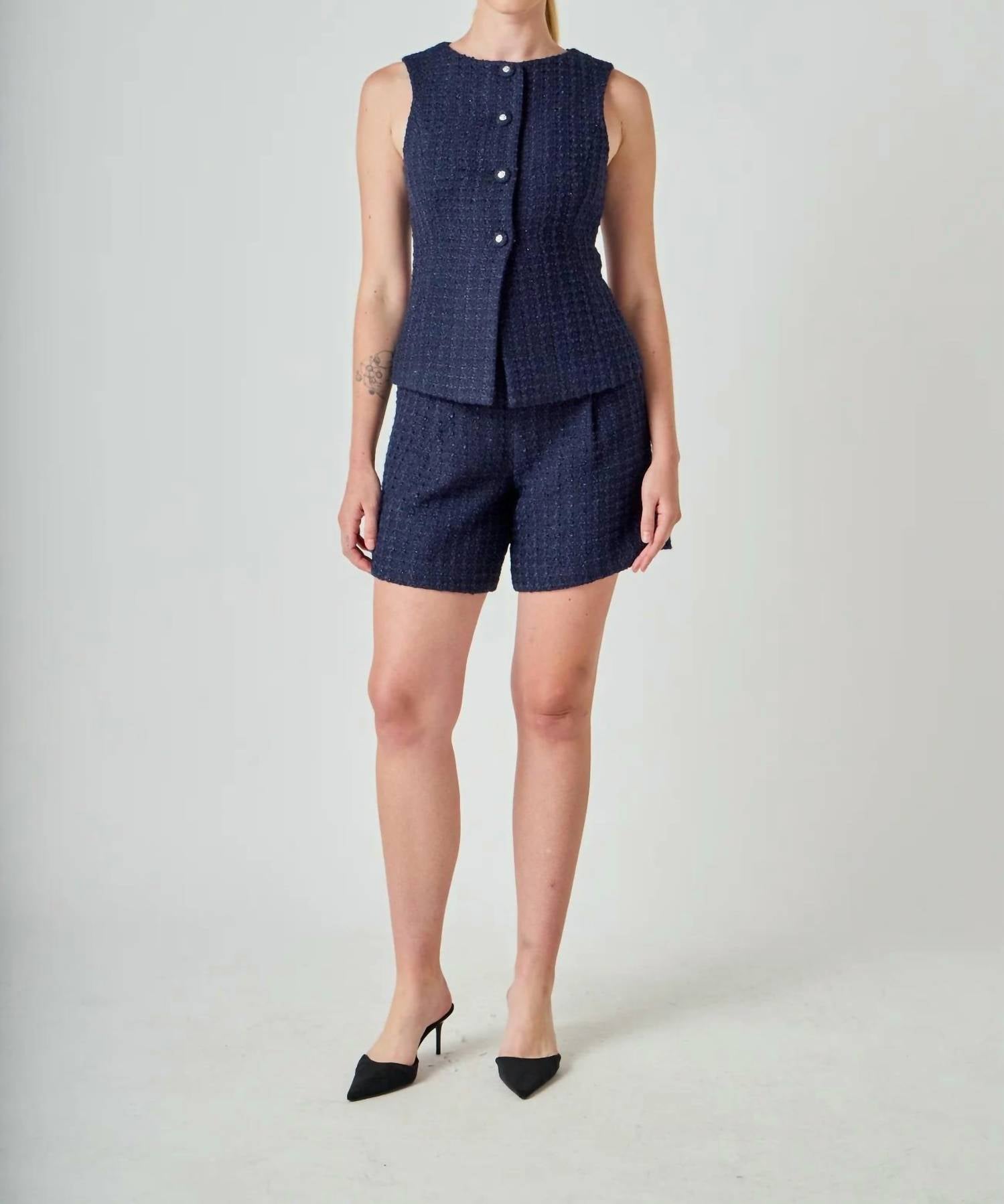 2.7 August Apparel - Tweed Buttoned Sleeveless Top