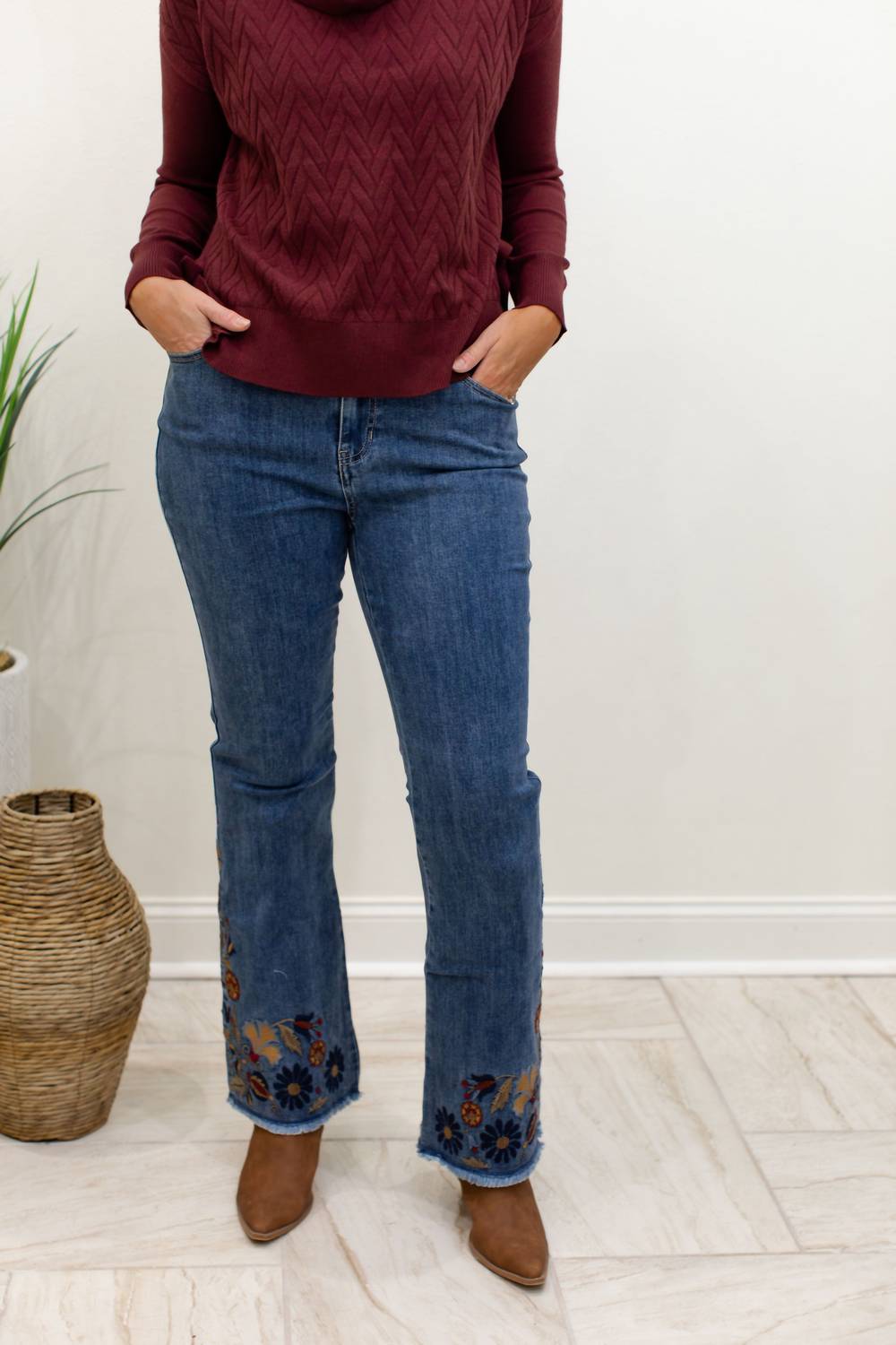 Gigi'S Boutique - Flare Leg Stretch Denim Pant With Embroidery