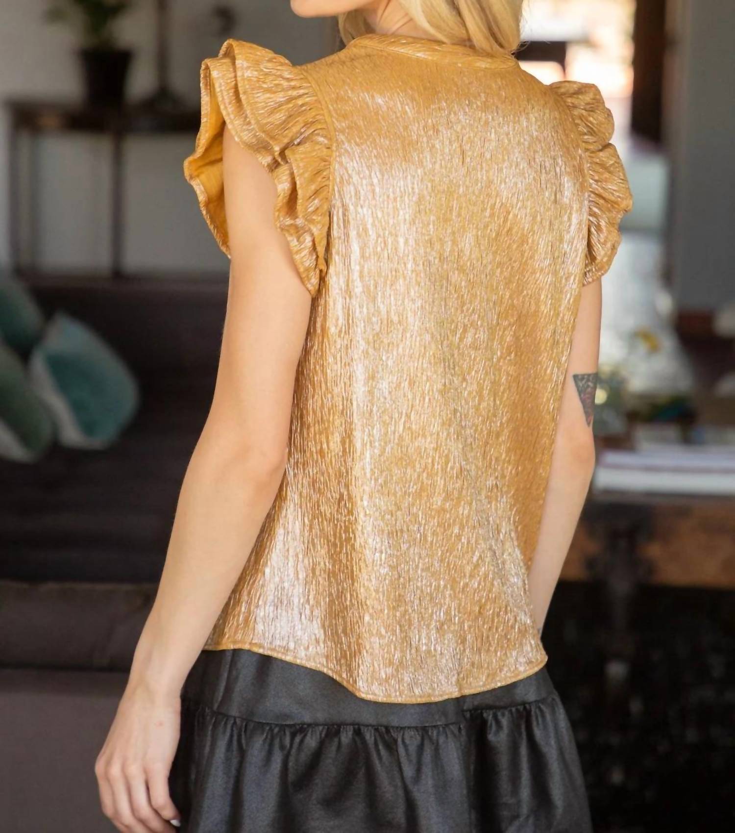 Voy - Crinkled Lurex Ruffle Sleeve Top