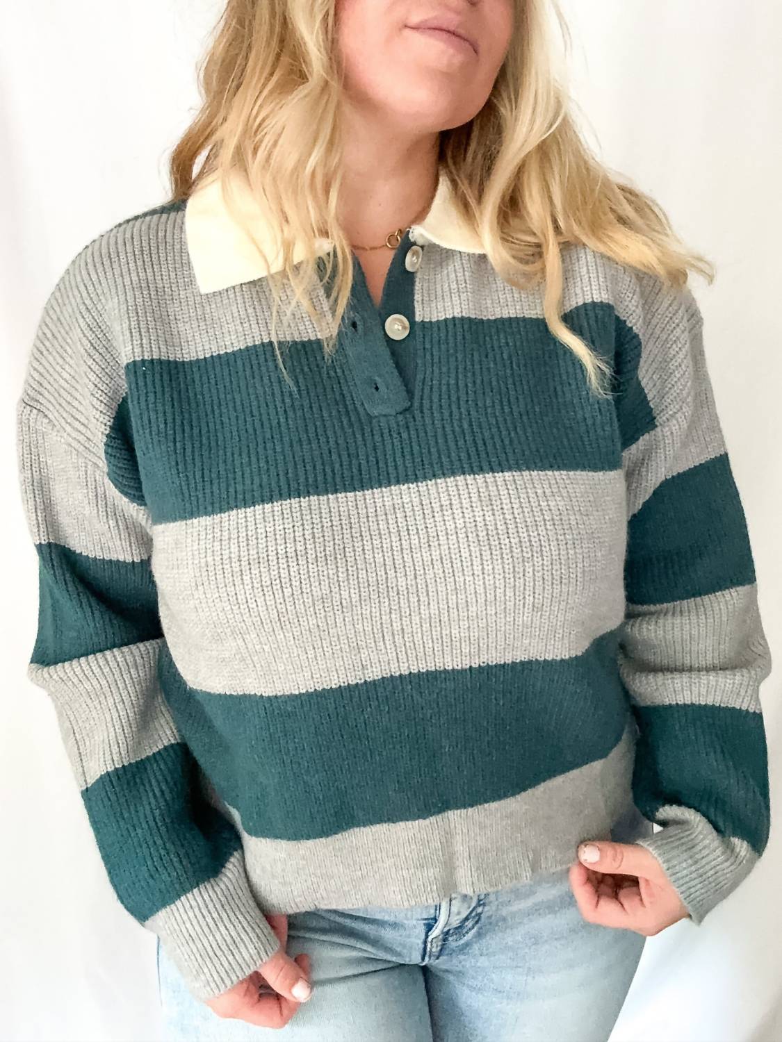 Buttermelon Tidepool Striped Sweater Top in teal - women's long sleeve top - detail view
