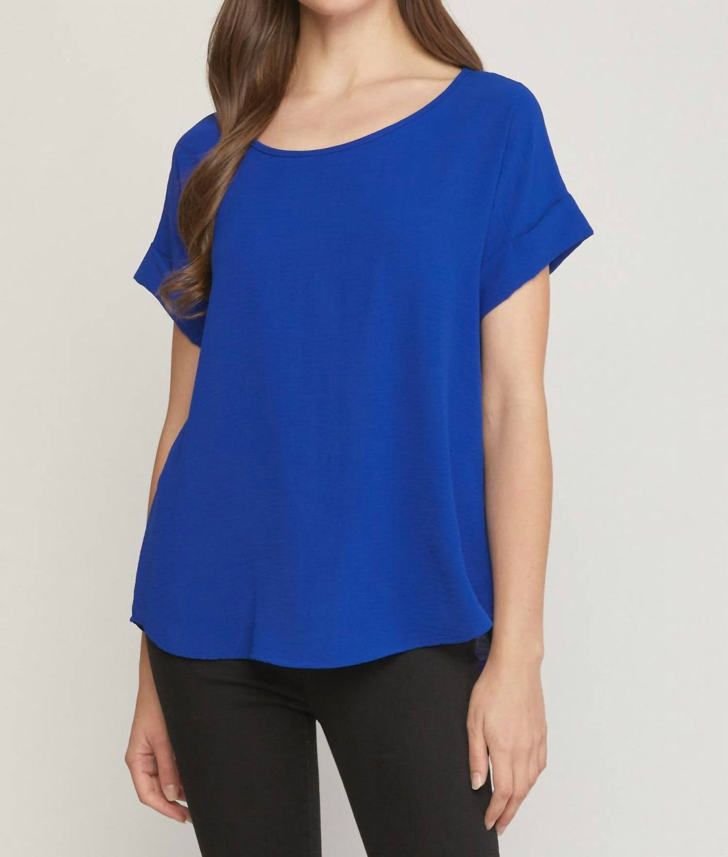 entro Scoop Neck Short Sleeve Top in blue - women's t-shirt - detail view