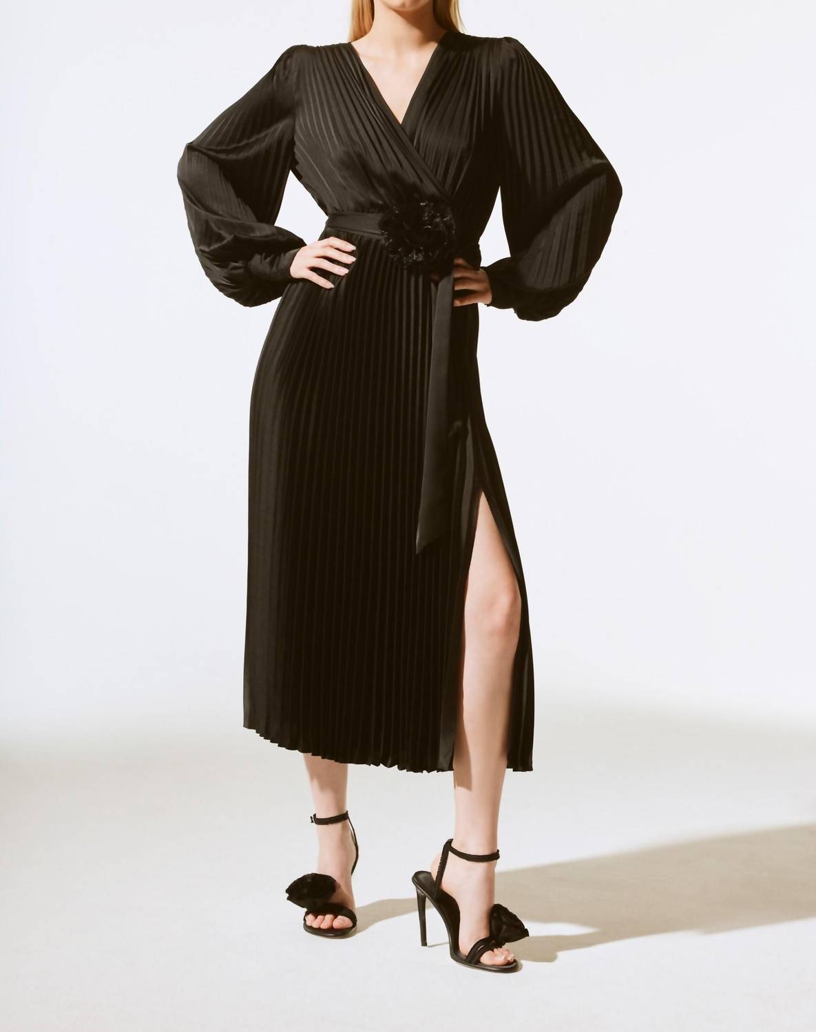Joseph Ribkoff - Pleated Satin Belted Midi Wrap Dress