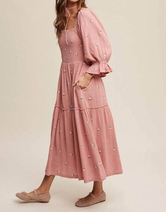 Listicle - Floral Embroidery Puff Sleeve Midi Dress