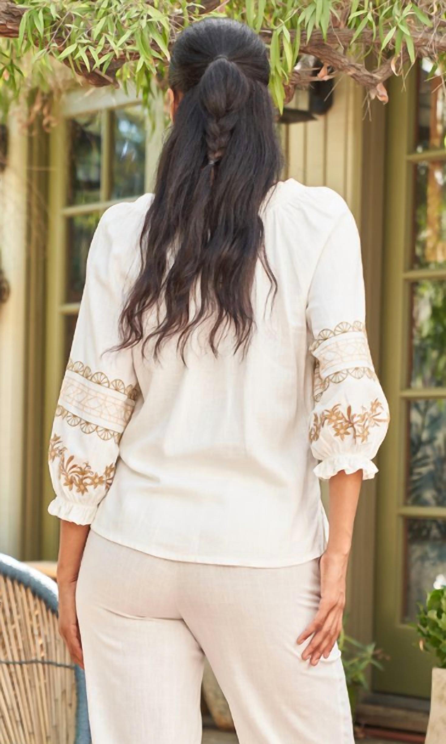 Paparazzi - Linen Blend Embroidered Peasant Shirt