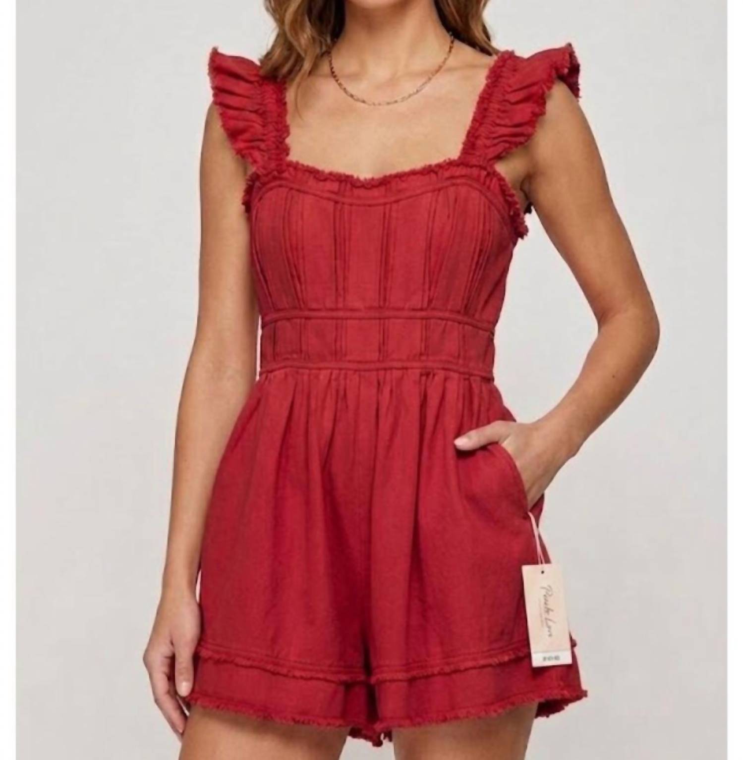 Peach Love Mineral Wash Cotton Twill Romper in red - women's pants