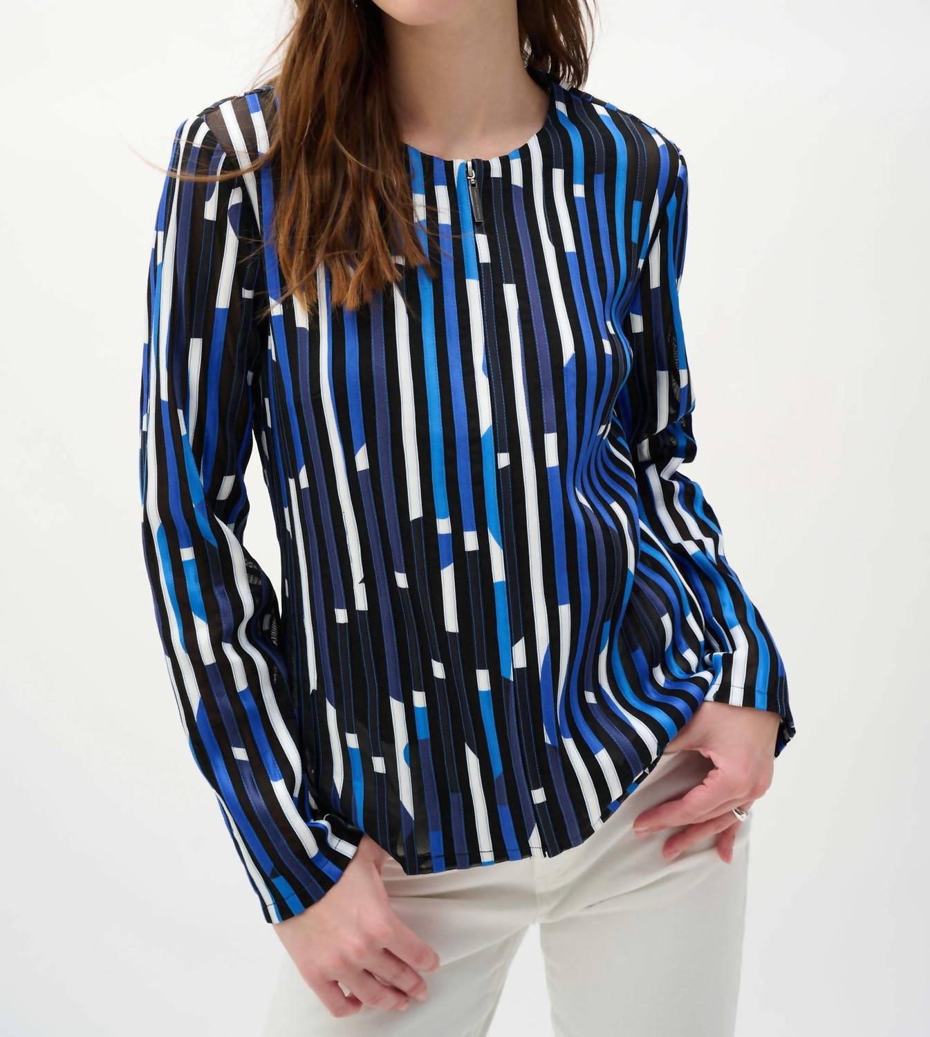 Joseph Ribkoff Satin Mesh Geometric Print Fitted Jacket in black multi - women's jacket - detail view
