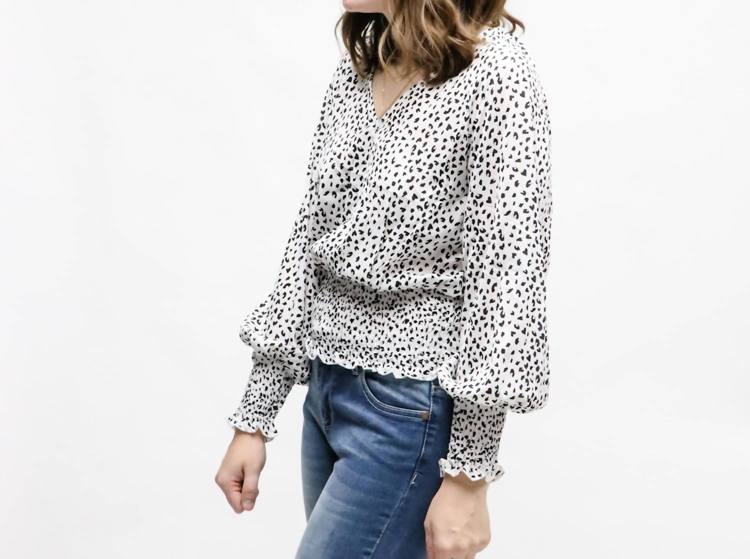 Mountain Valley - Leopard V-neck Smocked Long Sleeve Blouse