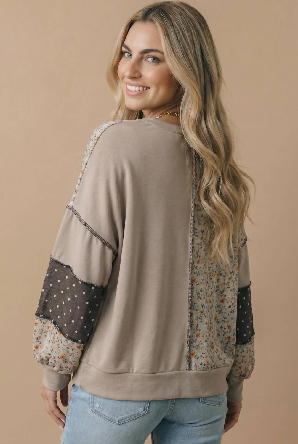 Haptics - Patchwork Floral And Polka Dot Pullover Sweatshirt