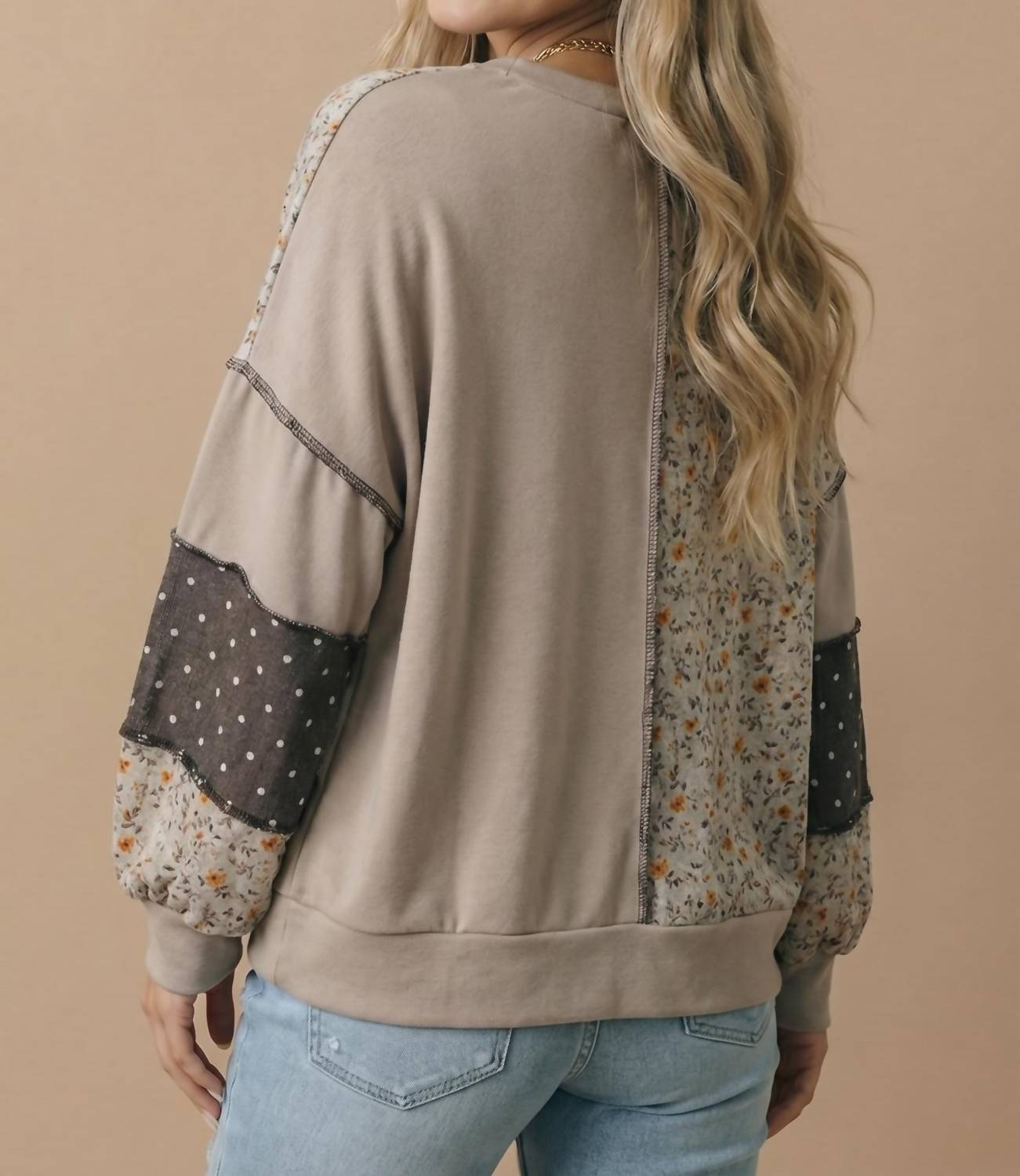 Haptics - Patchwork Floral And Polka Dot Pullover Sweatshirt