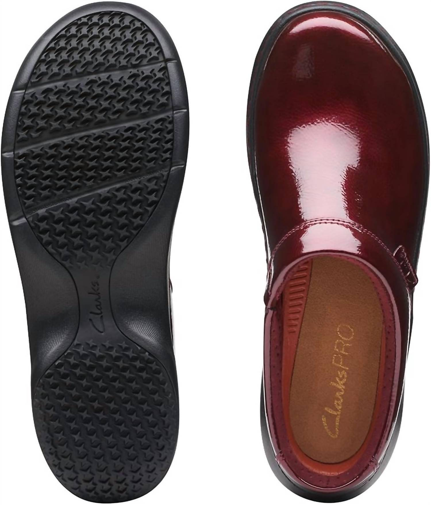 Clarks Women's Pro Clog in burgundy patent - women's shoe - detail view