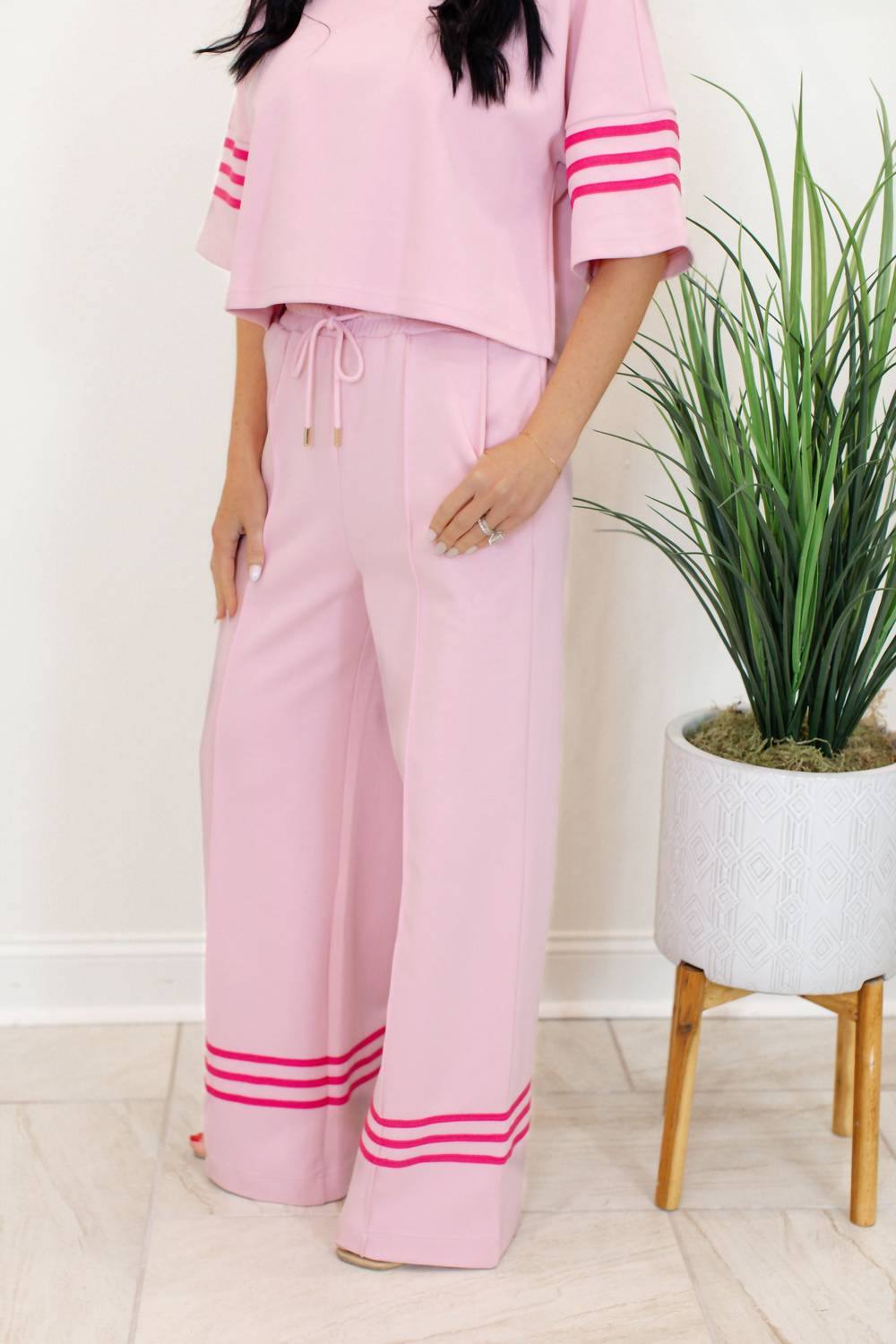 entro Luna Short Sleeve Knit Top And Wide Leg Pants Set in pink - women's sleepwear - detail view