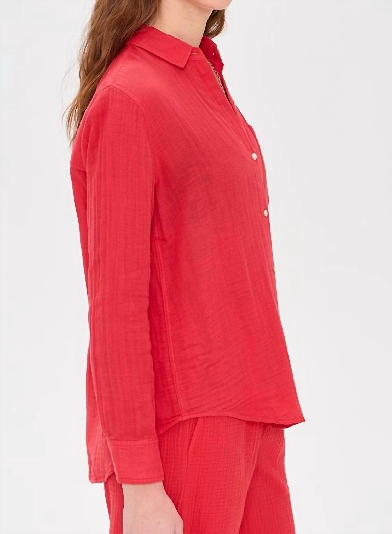 Rails Ellis Button Up Top in cherry red - women's long sleeve top - alternate view