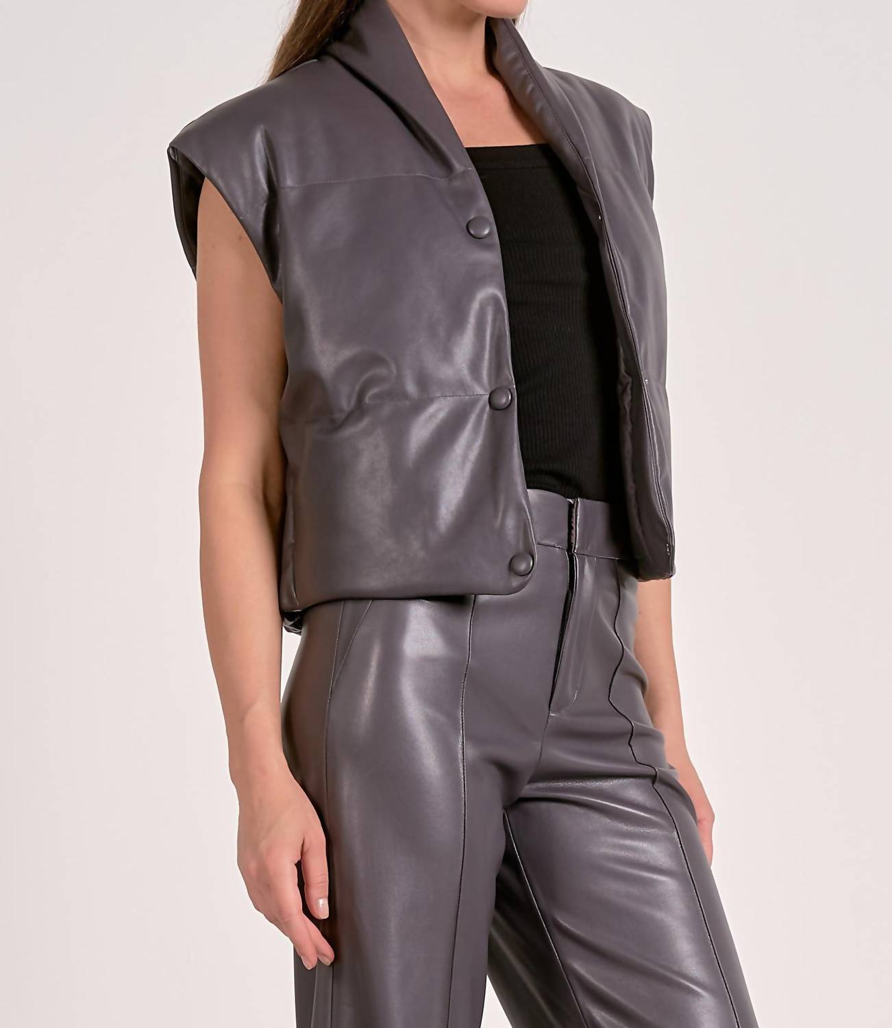ELAN Faux Leather Vest in charcoal - women's jacket - detail view
