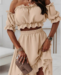 Doublju - Tessa Off The Shoulder Cropped Hi Low Ruffled Two Piece Skirt Set