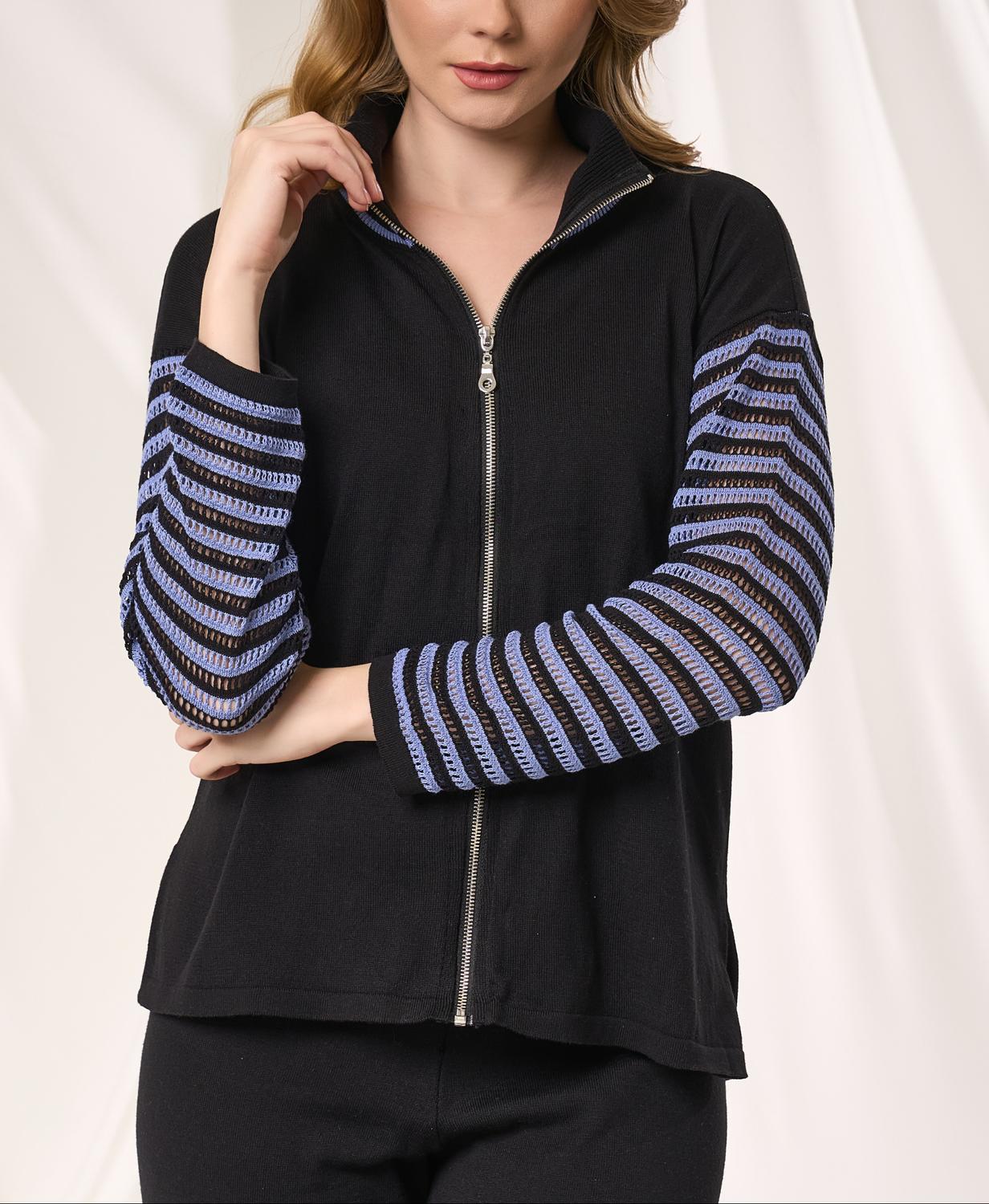 Angel Apparel Stripe Zip Up Knit Top in black denim - women's top