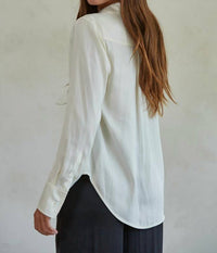 By Together Sonika Satin Button Down Shirt in white - women's long sleeve top - detail view
