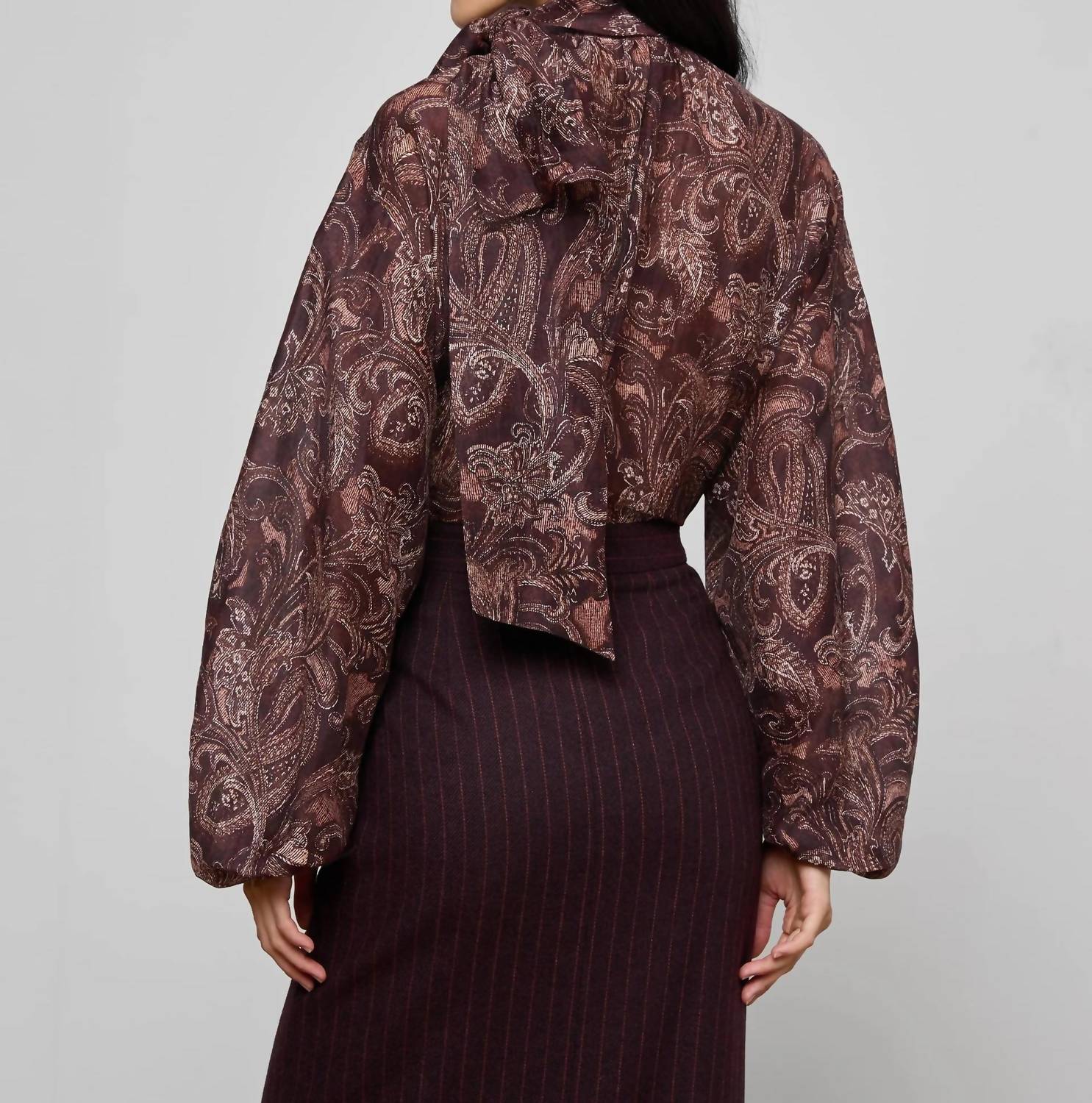 L'Agence Rhett Oversized Blouse in brown etched paisley - women's blouse - detail view