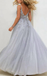 Terani Couture Glitter A Line Ballgown Prom Dress in silver - women's dress - detail view