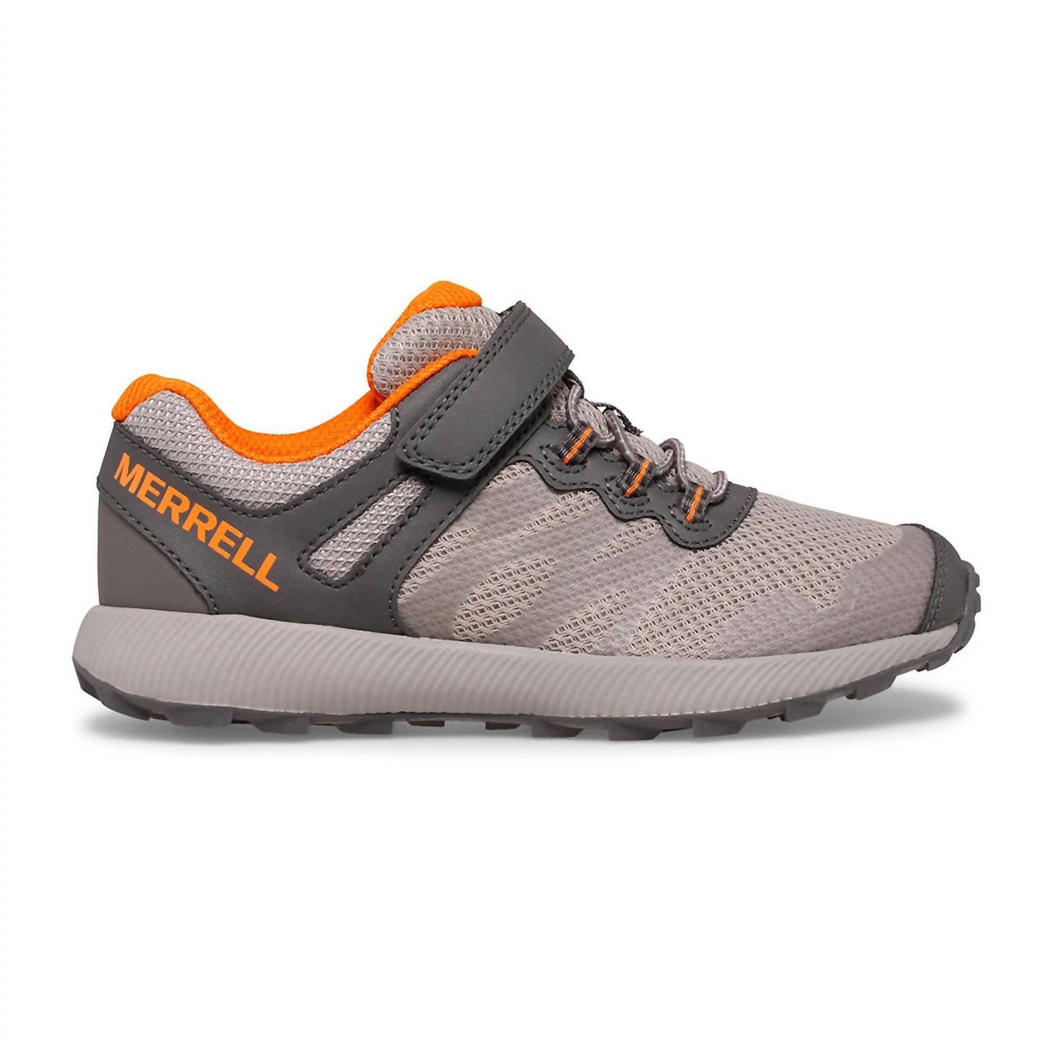 MERRELL Little Kid's Nova Trail Runner Shoes in grey orange - kids' sneaker - detail view