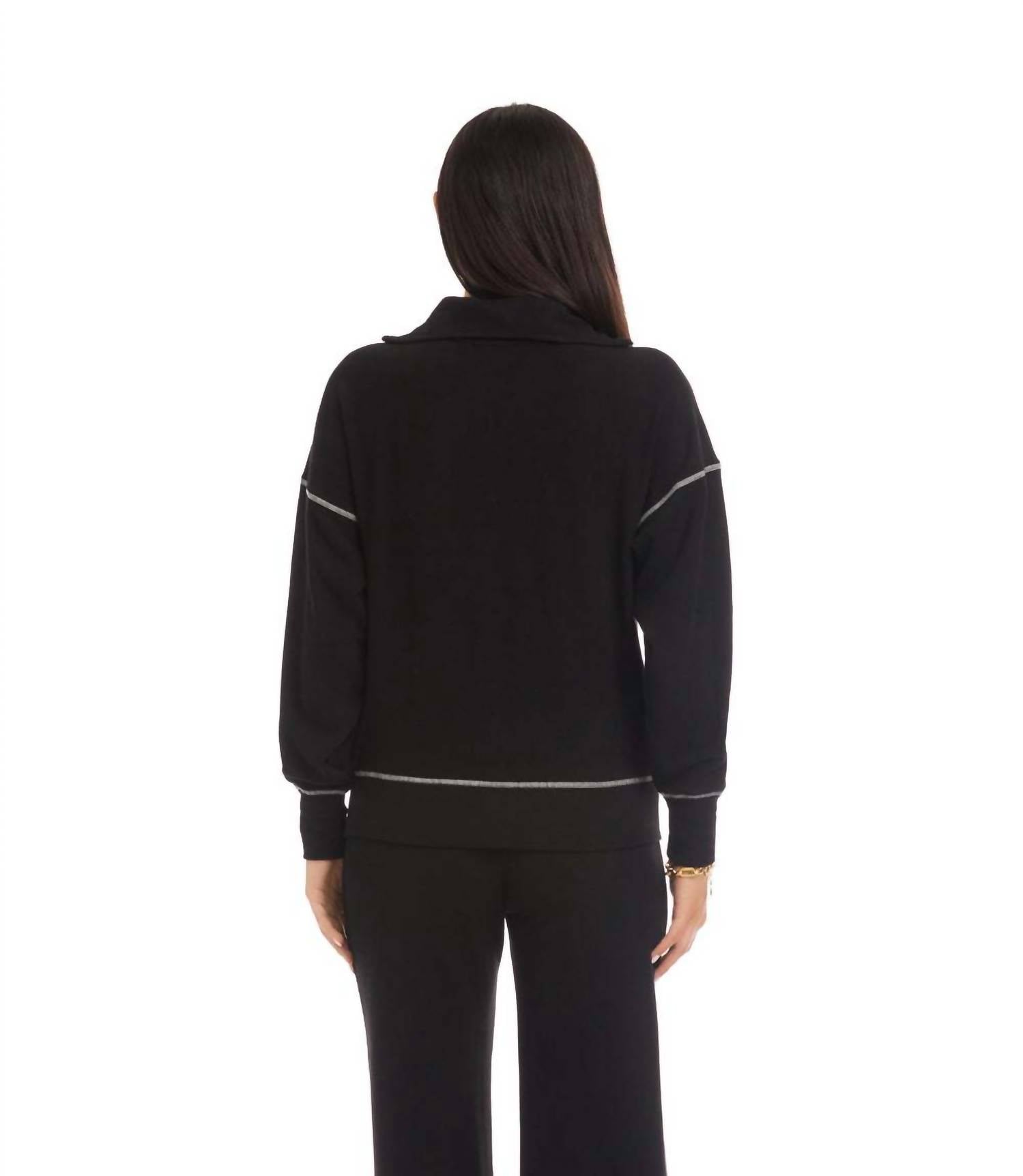 Karen Kane Half-Zip Contrast Stitch Pullover Top in black - women's sweater - alternate view