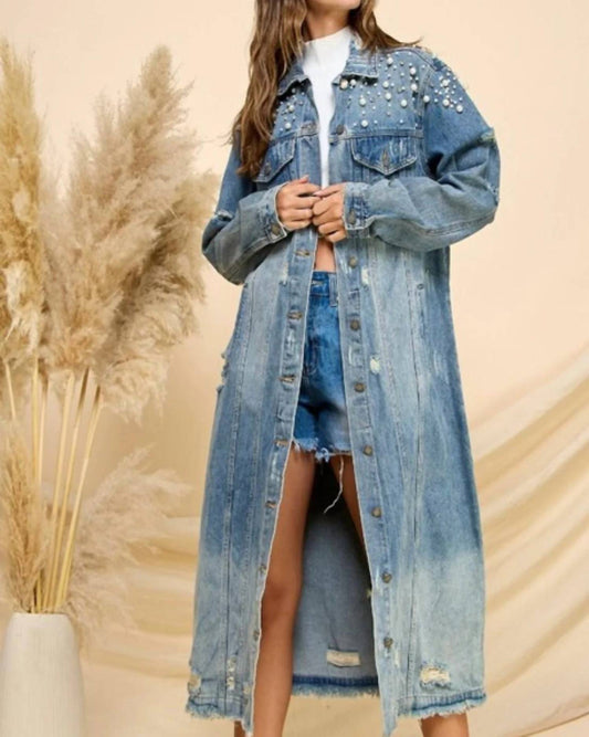 Veveret - Pearl & Crystal Long Denim Jacket