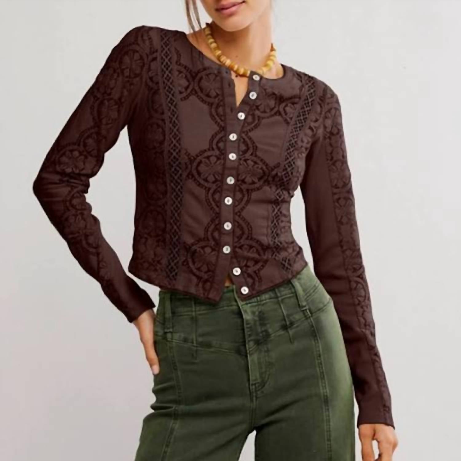 Free People Jae Knit Long Sleeve Top in chicory coffee - women's long sleeve top - detail view