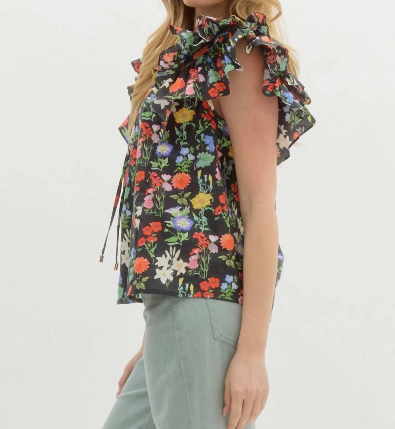 Entro - Floral Print Double Ruffle Top