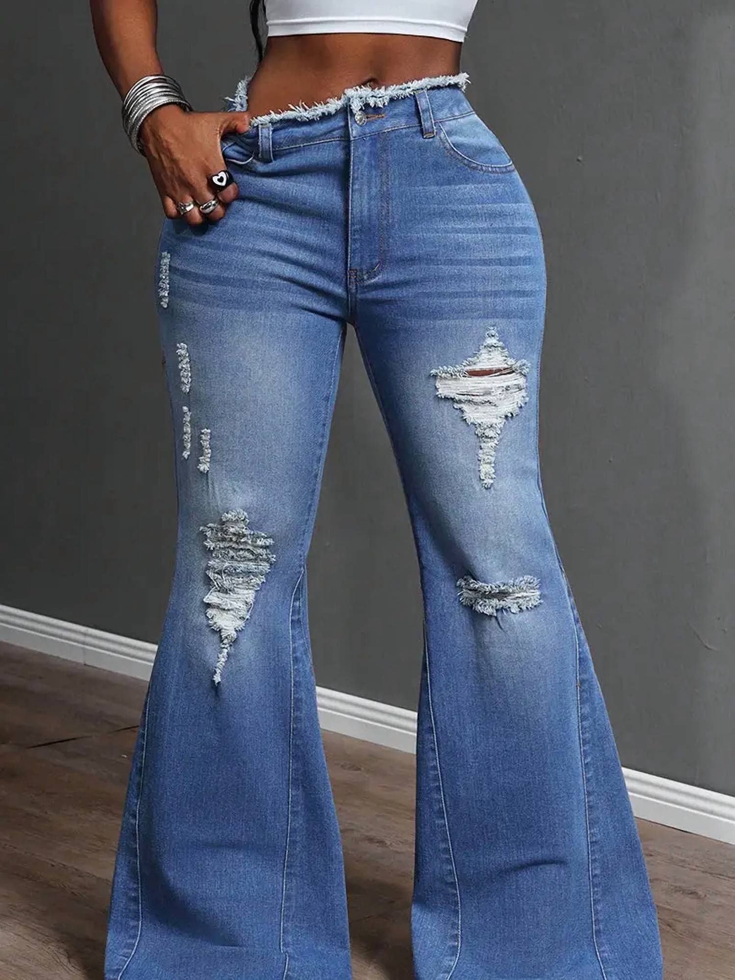 Mccolin Women's Distressed Flare Jeans in denim - women's jeans