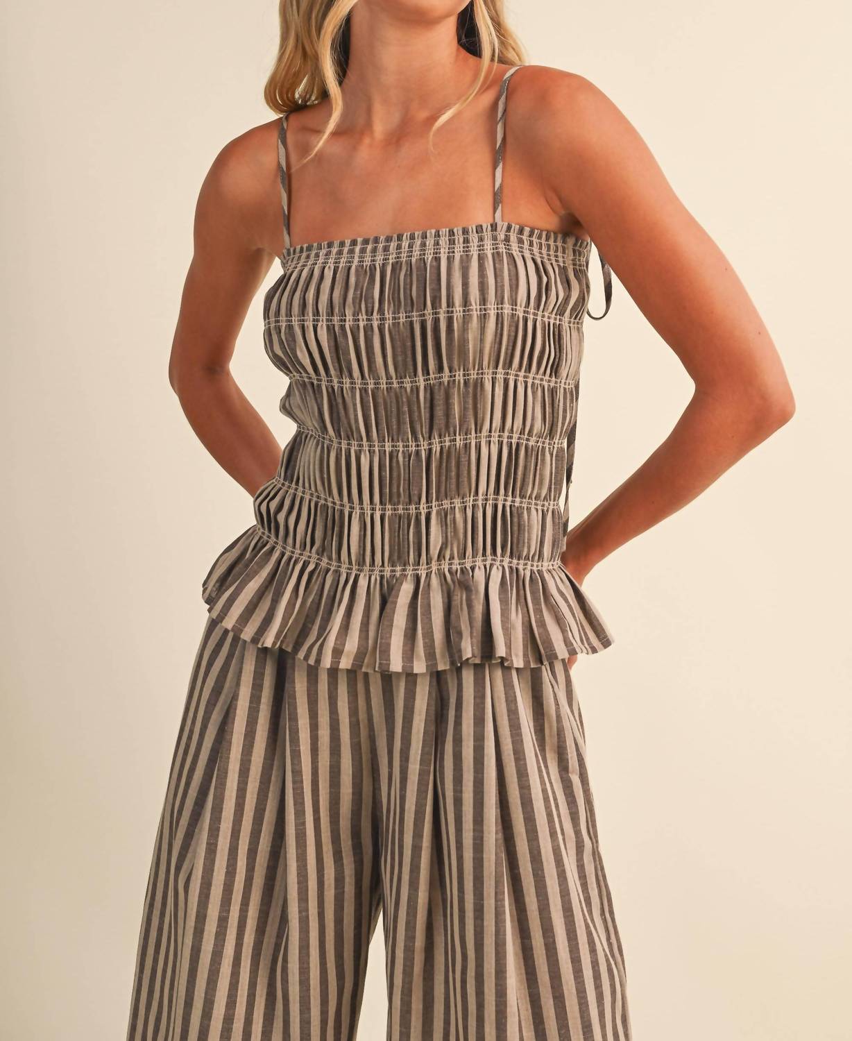 Klesis - Striped Ruffled Hem Wide Leg Jumpsuit