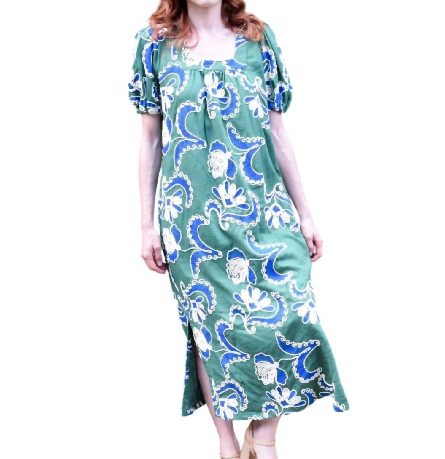 Never a Wallflower Square Neck Dress in crewel work - women's dress