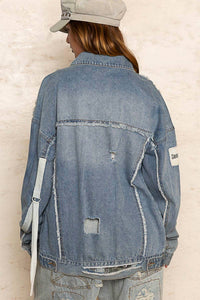 POL Remma Oversize Patch Detail Frayed Edge Jacket in light denim - women's jacket - alternate view