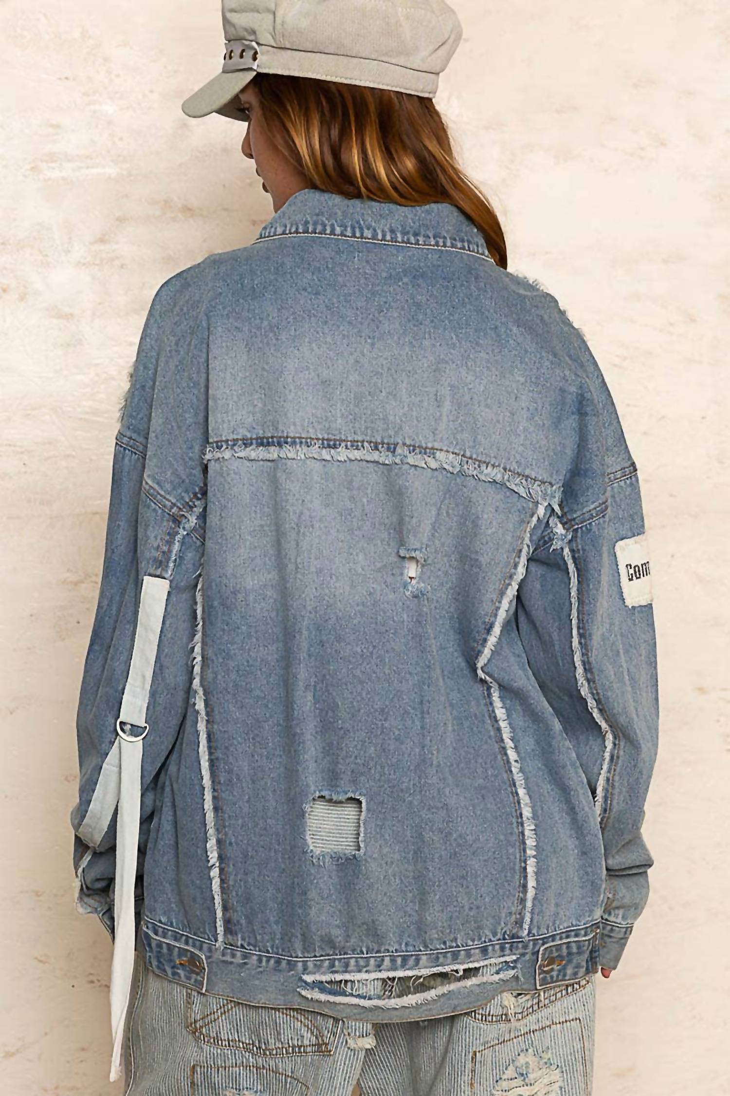 POL Remma Oversize Patch Detail Frayed Edge Jacket in light denim - women's jacket - alternate view