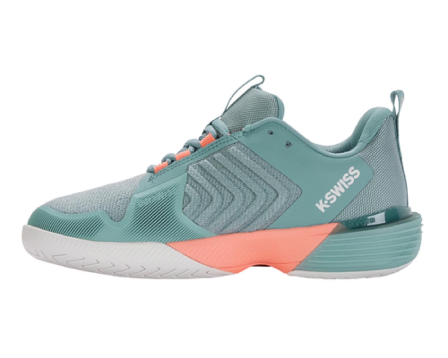 K-Swiss Women’s Ultrashot 3 Tennis Shoe in blanc de blanc nile blue desert flower - women's shoe - detail view