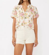 Lovestitch - Floral Puff Sleeve Button-down Top