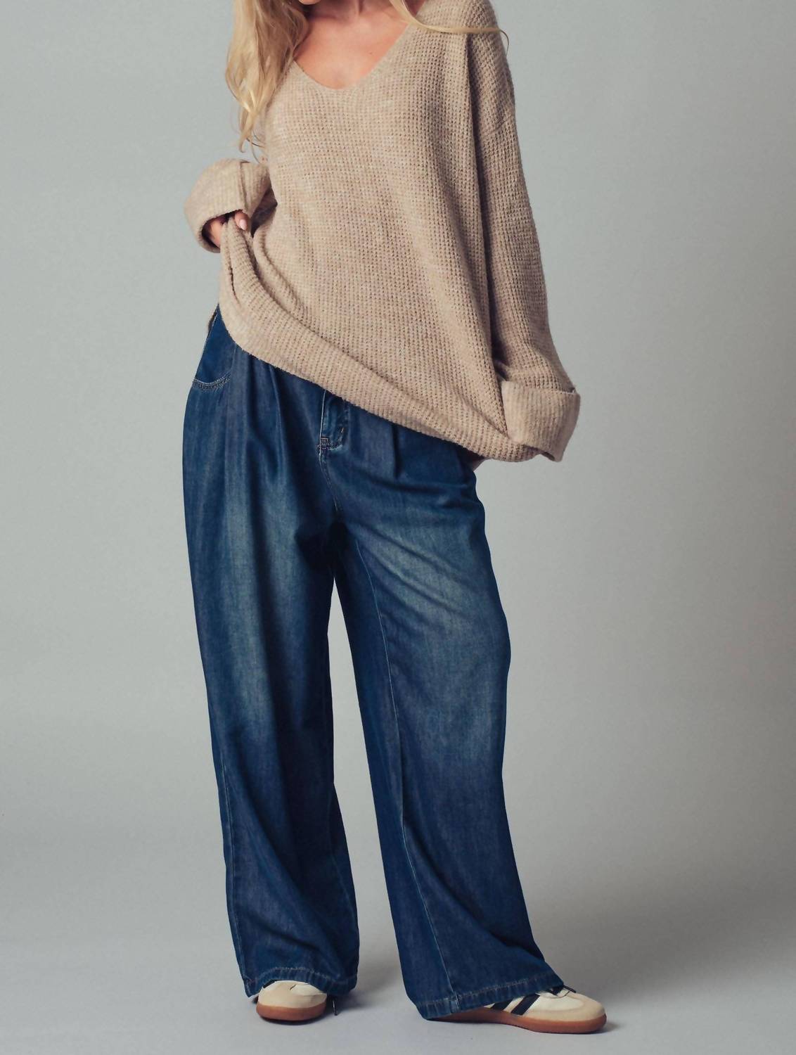 Urban Daizy Oversized Knit V Neck Sweater in taupe - women's sweater - view 5