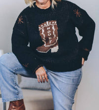 VERY J Cowboy Boot Knit Sweater in black - women's sweater