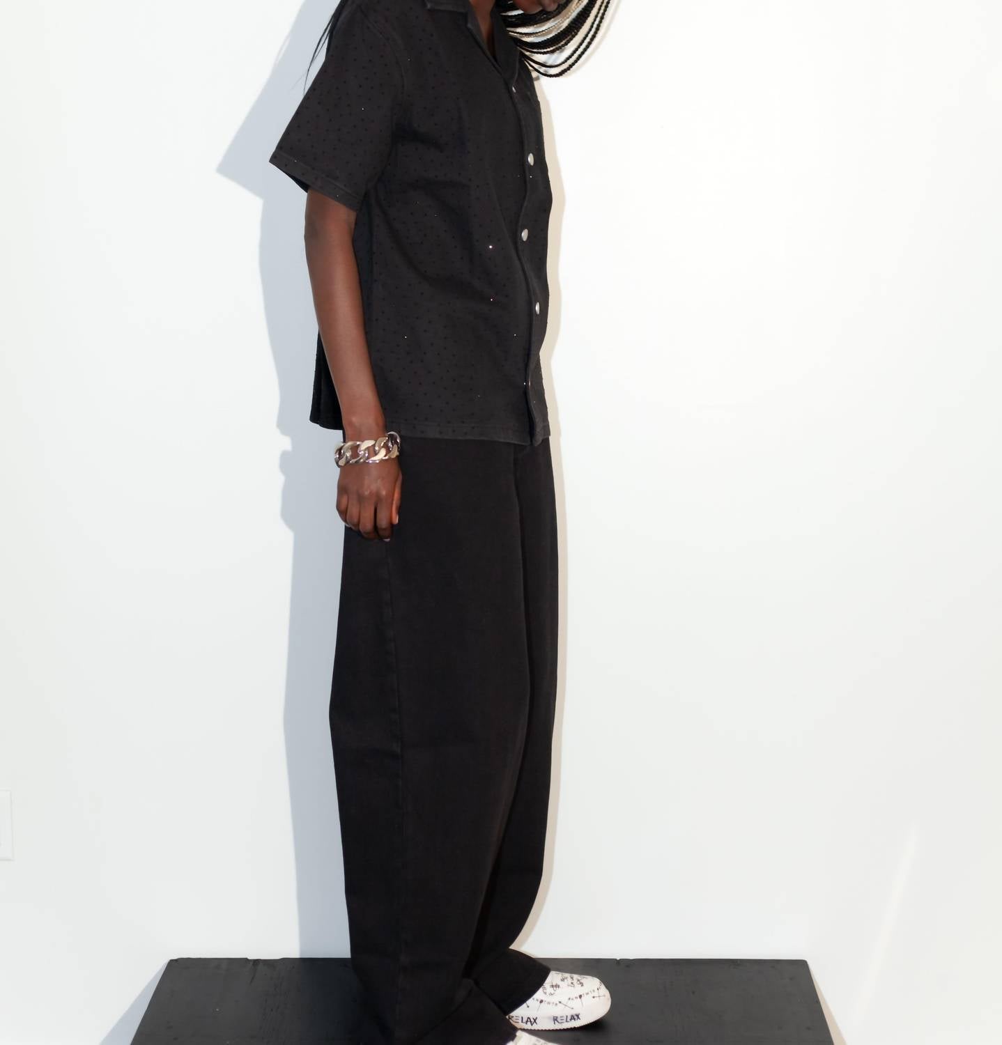knotWTR Crystal Denim Short Sleeve Shirt in black - women's shirt - alternate view