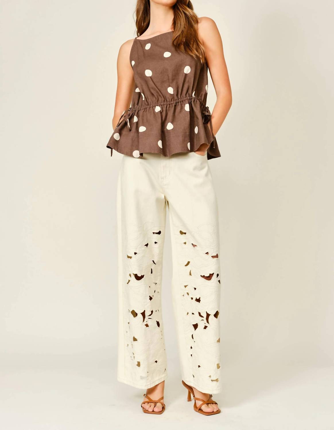 Aaron & Amber - Soft Touch Polka Dot Babydoll Waist Top